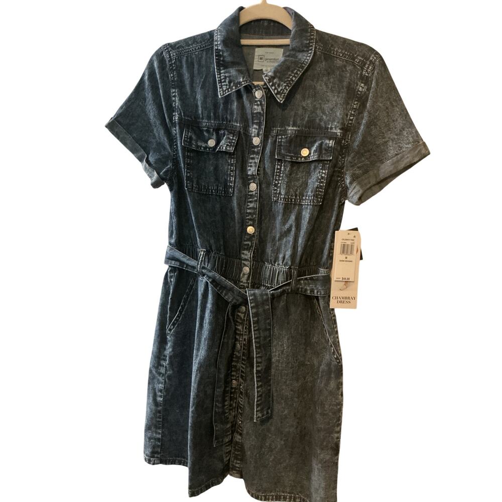 Chic Denim Mini Dress with Tie Belt & Cap Sleeves